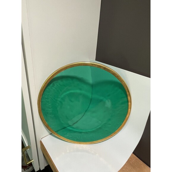 14 1/2" Emerald Green Glass Serving Tray w Gold Rim MCM, Heavy - Picture 4 of 4
